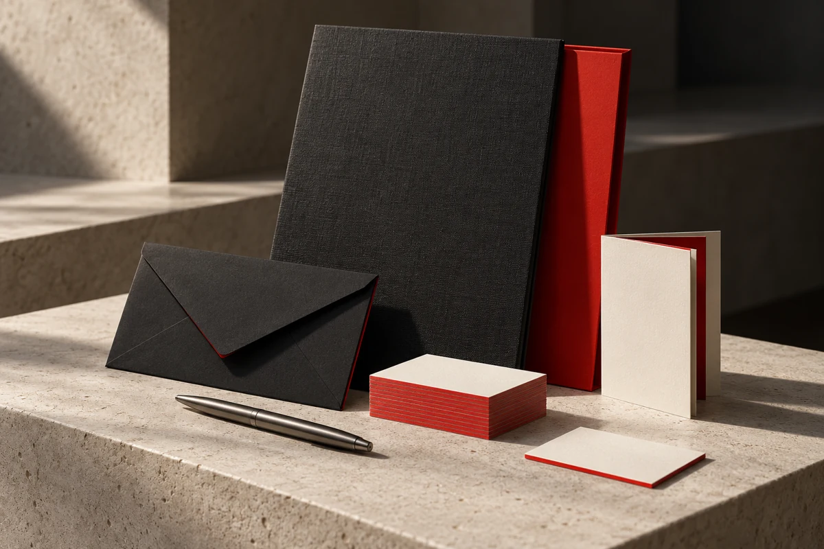 Cena conceitual: papelaria sem marca em grafite, marfim e vermelho com materiais de textura refinada.
