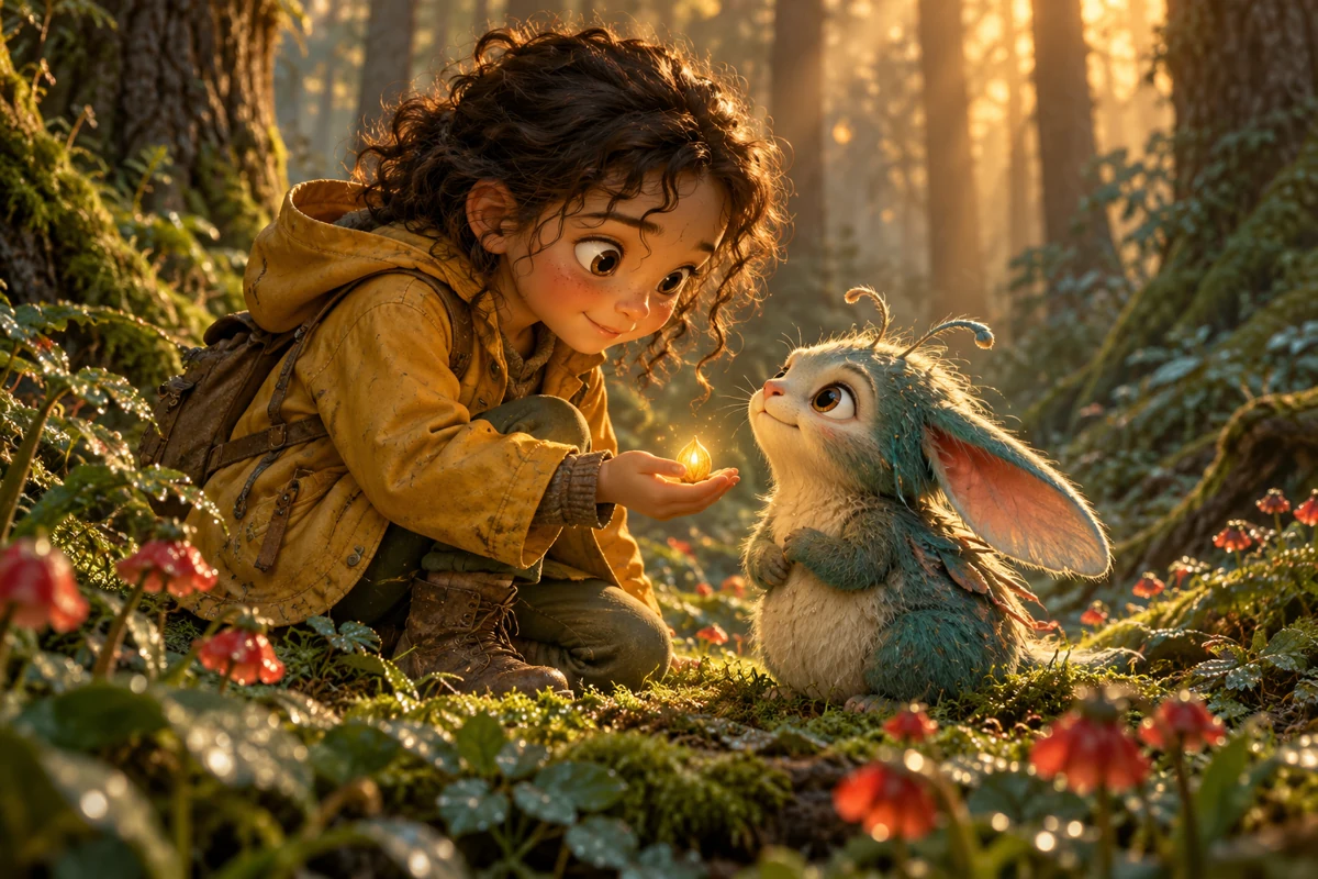 Cena conceitual: uma menina compartilha uma semente luminosa com uma criatura da floresta.