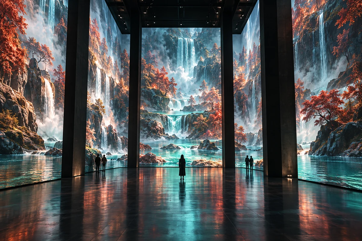 Cena conceitual: visitantes em uma galeria monumental com projeções de cascatas e florestas.